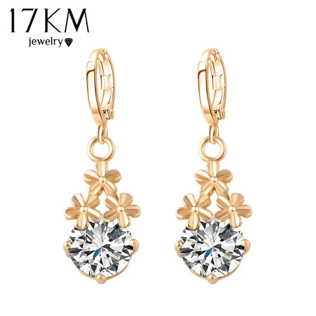 17KM 8 Colors Fashion New Crystal Flower Drop Earrings Gold Color Pendant Water Drop Earring Brincos Earrings For Women