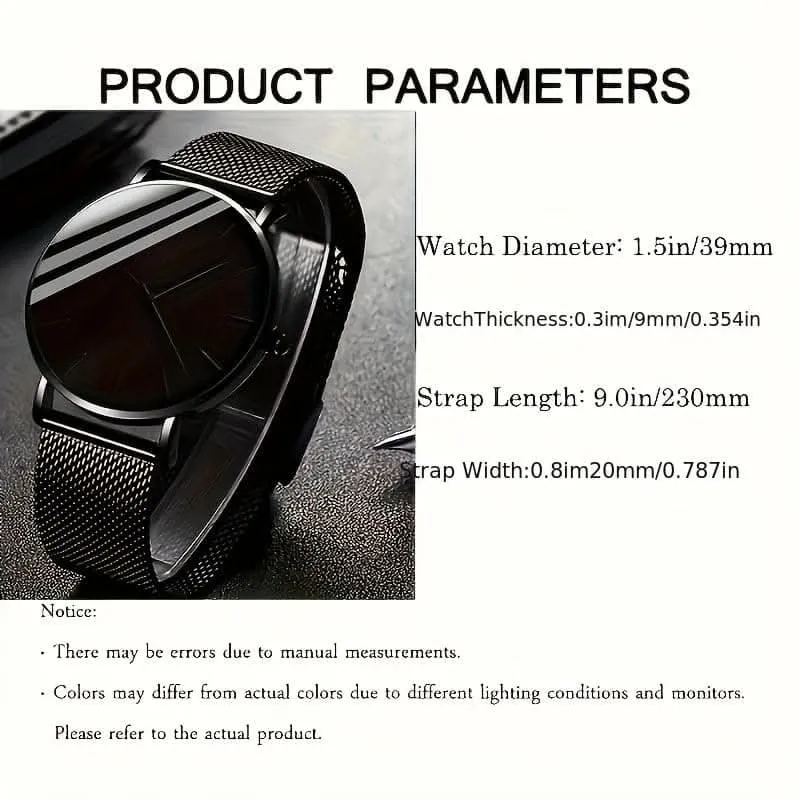 2-Piece Black Round Quartz Unisex Watch Set – PU Leather Strap & Bracelet