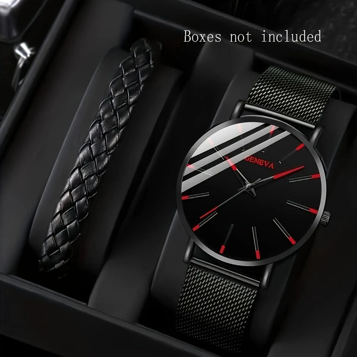 2-Piece Black Round Quartz Unisex Watch Set – PU Leather Strap & Bracelet
