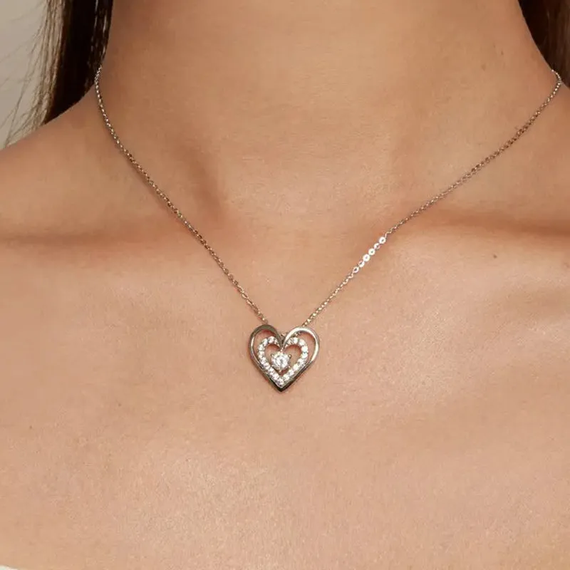 925 Sterling Silver Sparkling Double Heart Pendant Necklace Dancing Heart Neck Chain for Women Valentine's Day Gift