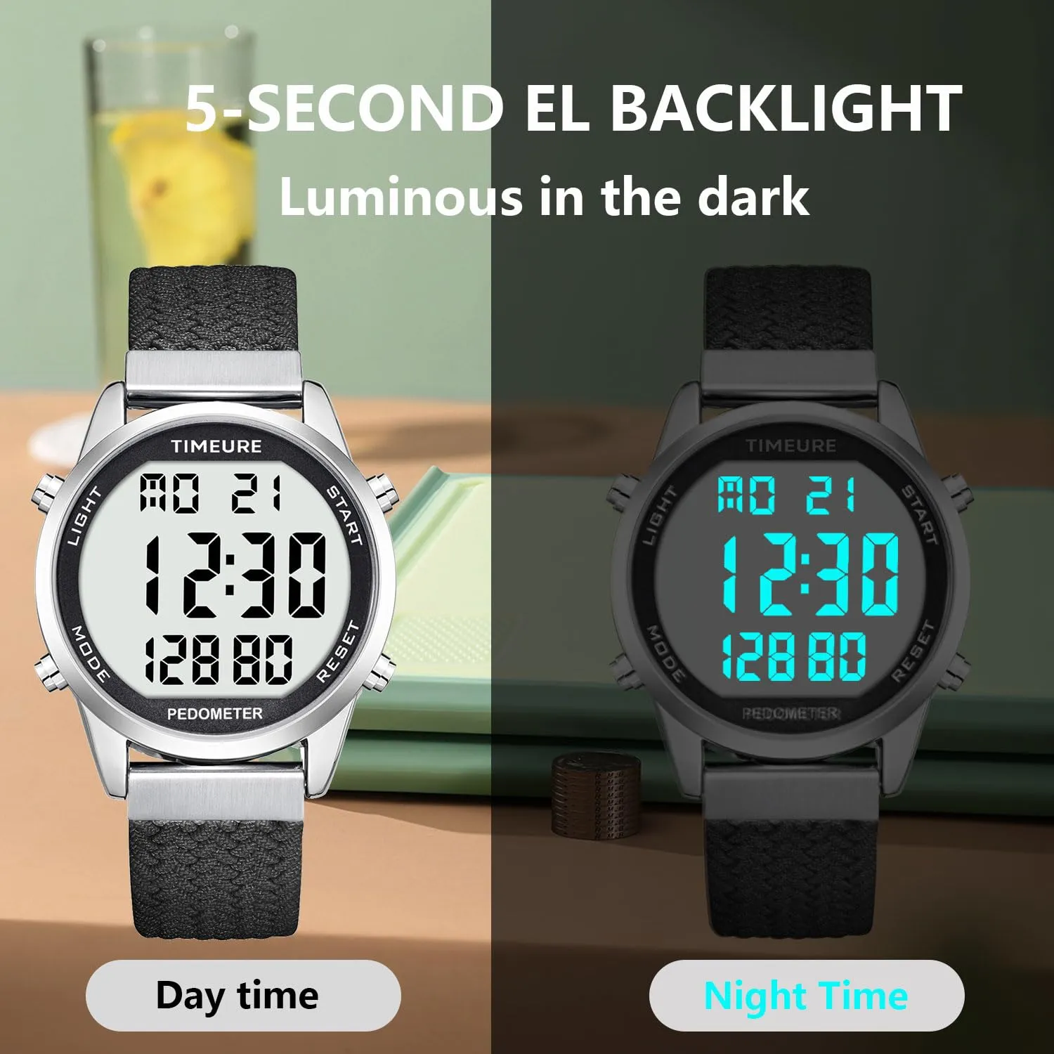 Accurate Pedometer Watch for Men Walking Simple Step Counter Watches Steps Tracker Large Digital Display Waterproof Non Bluetooth TIMEURE-2306 Green