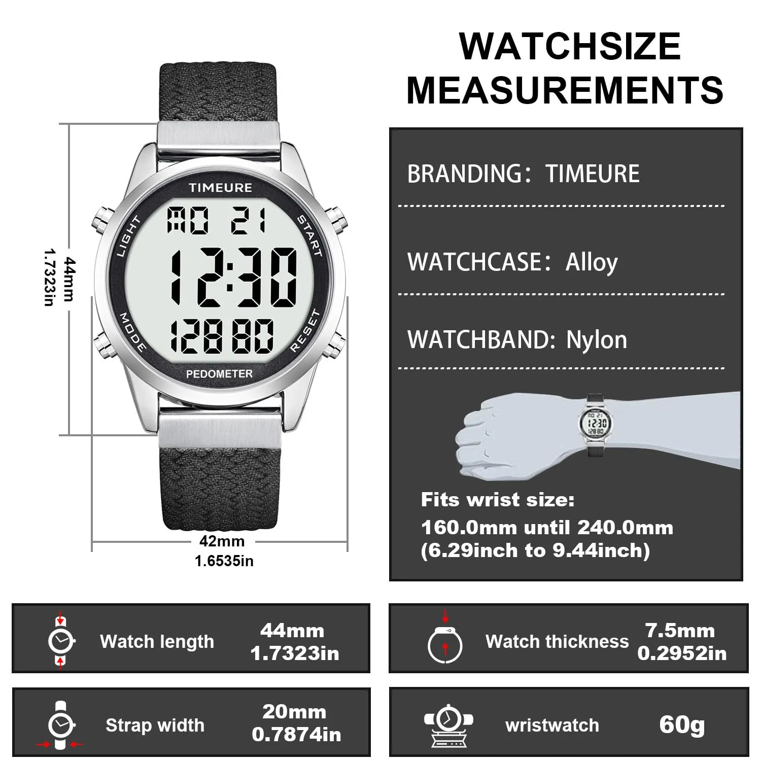 Accurate Pedometer Watch for Men Walking Simple Step Counter Watches Steps Tracker Large Digital Display Waterproof Non Bluetooth TIMEURE-2306 Green