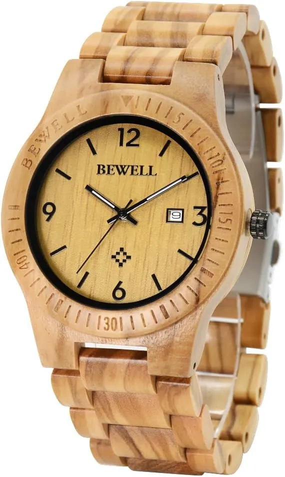 BEWELL ZS-W086B Wooden Watch Men Gifts Handmade Date Display Quartz Movement Analog Lightweight Wood Wrist Watches