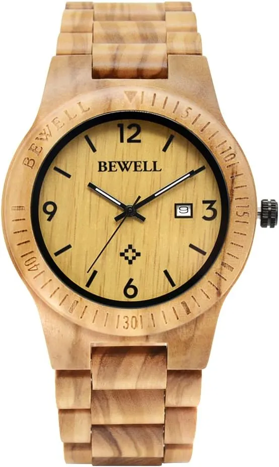 BEWELL ZS-W086B Wooden Watch Men Gifts Handmade Date Display Quartz Movement Analog Lightweight Wood Wrist Watches