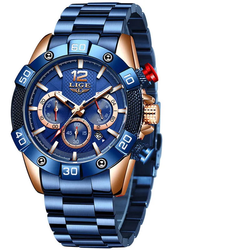 Blue Mens  Luxury Clock Sports Chronograph Waterproof Quartz Watch