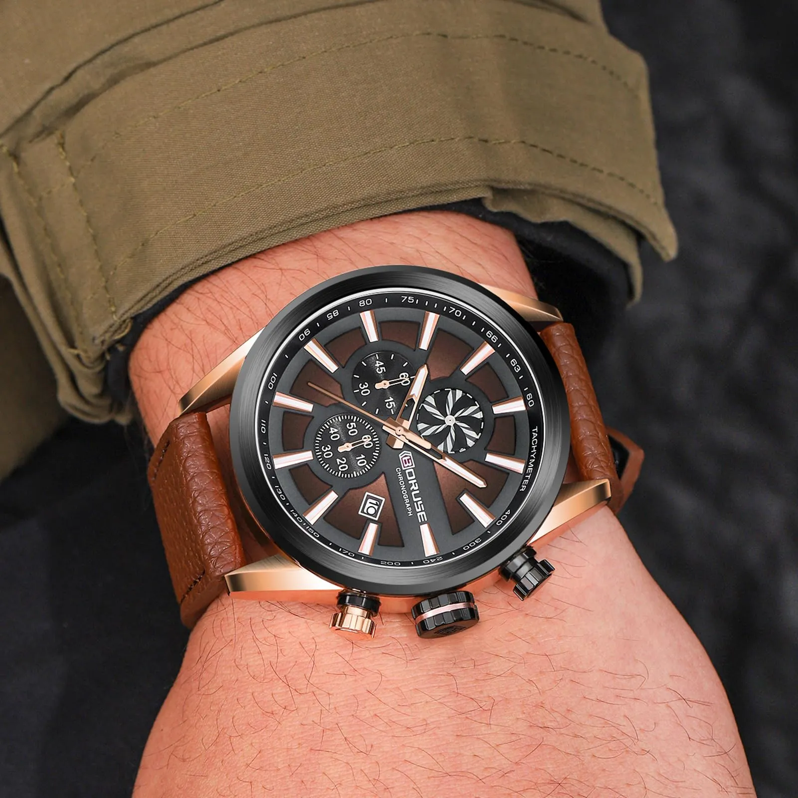 BORUSE Leather Watches for Men Chronograph Waterproof Quartz Watch Fashion Business Sport Big Face Calendar Luminous Analog Wrist Watch for Mens