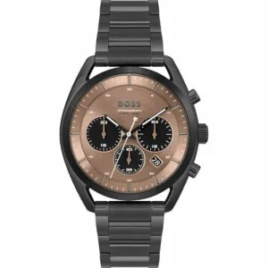 BOSS Top Qtz Fashion Chrono Brown Round Dial Men's Watch|Ionic Plated Black Steel Material|Black Color Band - 1514095