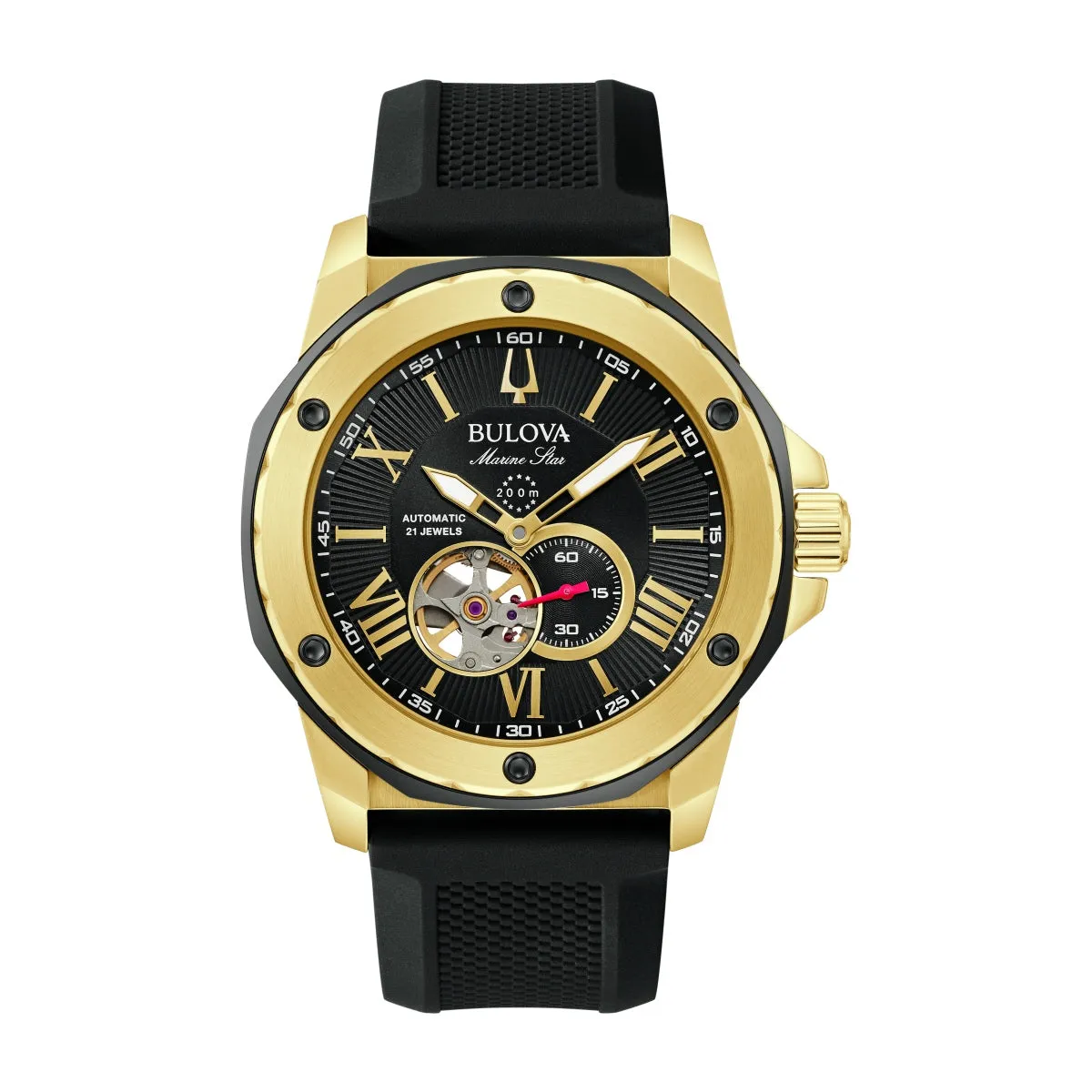 Bulova Marine Star Watch with 45MM Black Round Dial and Silicone Strap. 98A272