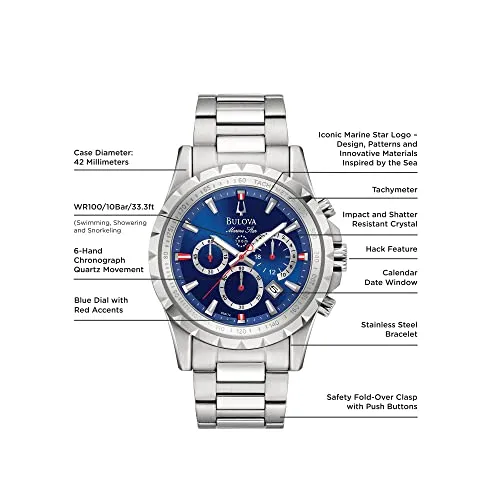 Bulova Men’s Marine Star 6-Hand Quartz Chronograph Stainless Steel Watch, Blue Dial, Tachymeter, 100M Water Resistant (Model: 96B174)