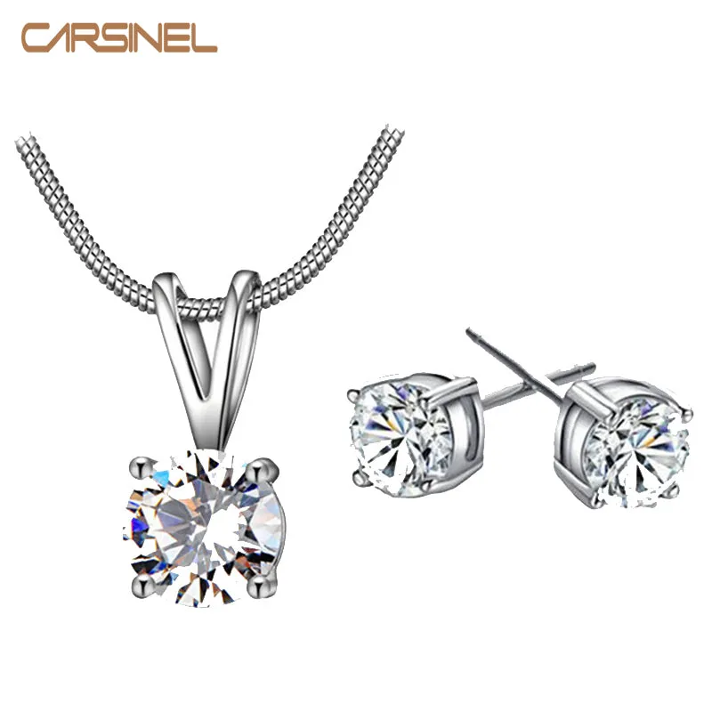 CARSINEL CZ Necklace Earring Jewelry Sets Wholesale Silver color Snake Chain Necklace Stud Earring Wedding Bridal Engagement