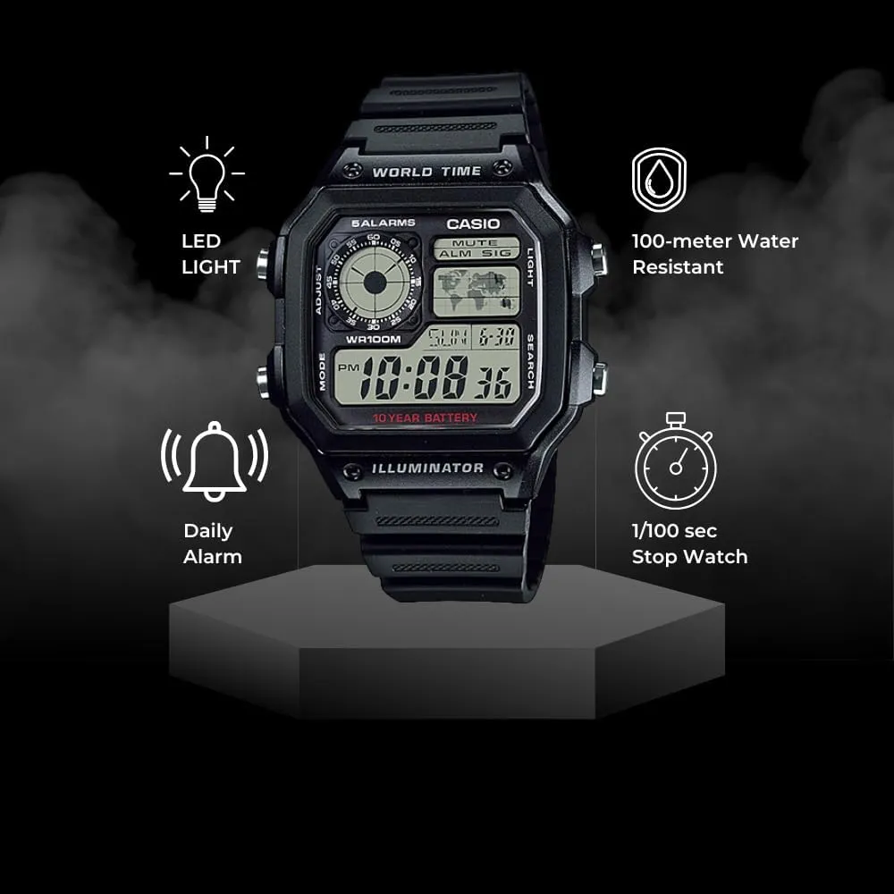 Casio AE1200WH Series | Mens Digital Watch | 100M WR | Multi Alarms | 100 SEC Stopwatch | Countdown Timer | World Map for World Time | LED Light | LC Analog Display | 10 Year Battery