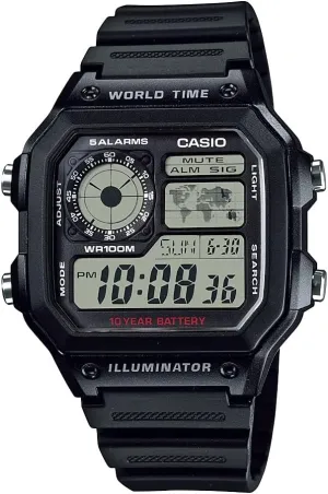 Casio AE1200WH Series | Mens Digital Watch | 100M WR | Multi Alarms | 100 SEC Stopwatch | Countdown Timer | World Map for World Time | LED Light | LC Analog Display | 10 Year Battery