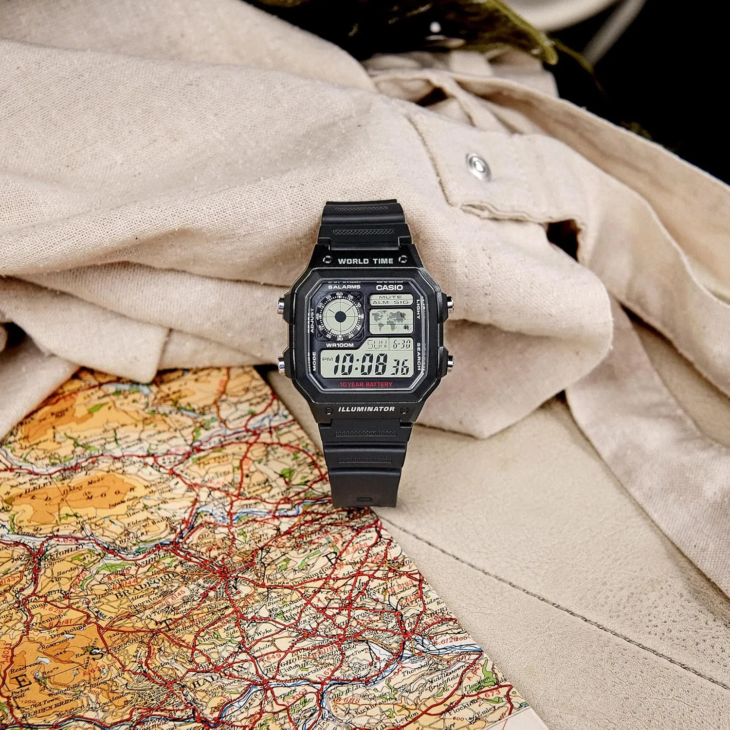 Casio AE1200WH Series | Mens Digital Watch | 100M WR | Multi Alarms | 100 SEC Stopwatch | Countdown Timer | World Map for World Time | LED Light | LC Analog Display | 10 Year Battery