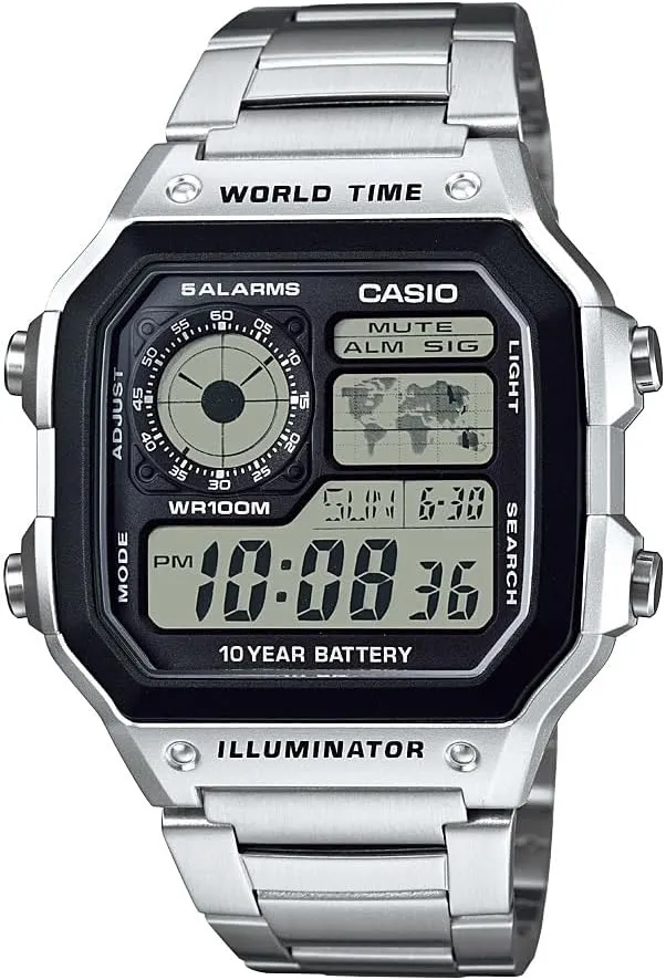 Casio AE1200WH Series | Mens Digital Watch | 100M WR | Multi Alarms | 100 SEC Stopwatch | Countdown Timer | World Map for World Time | LED Light | LC Analog Display | 10 Year Battery