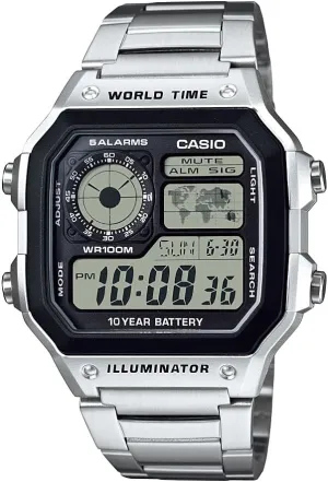 Casio AE1200WH Series | Mens Digital Watch | 100M WR | Multi Alarms | 100 SEC Stopwatch | Countdown Timer | World Map for World Time | LED Light | LC Analog Display | 10 Year Battery