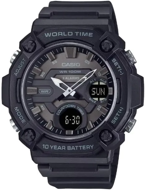 Casio AEQ-120W Series | Black | 10-Year Battery | World Time | Daily Alarm | Countdown Timer | Analog-Digital Watch