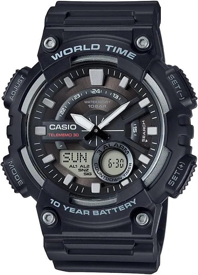 Casio AEQ110BW Series | Mens Analog-Digital Watch |100M WR | Multi Alarms | 100 SEC Stopwatch | Countdown Timer | World Map for World Time | LED Light | LC Display | 10 Year Battery