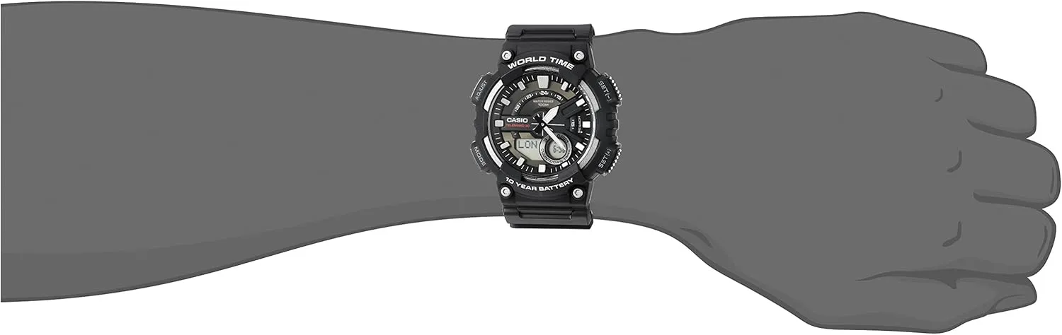 Casio AEQ110BW Series | Mens Analog-Digital Watch |100M WR | Multi Alarms | 100 SEC Stopwatch | Countdown Timer | World Map for World Time | LED Light | LC Display | 10 Year Battery