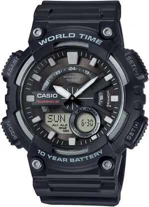 Casio AEQ110BW Series | Mens Analog-Digital Watch |100M WR | Multi Alarms | 100 SEC Stopwatch | Countdown Timer | World Map for World Time | LED Light | LC Display | 10 Year Battery