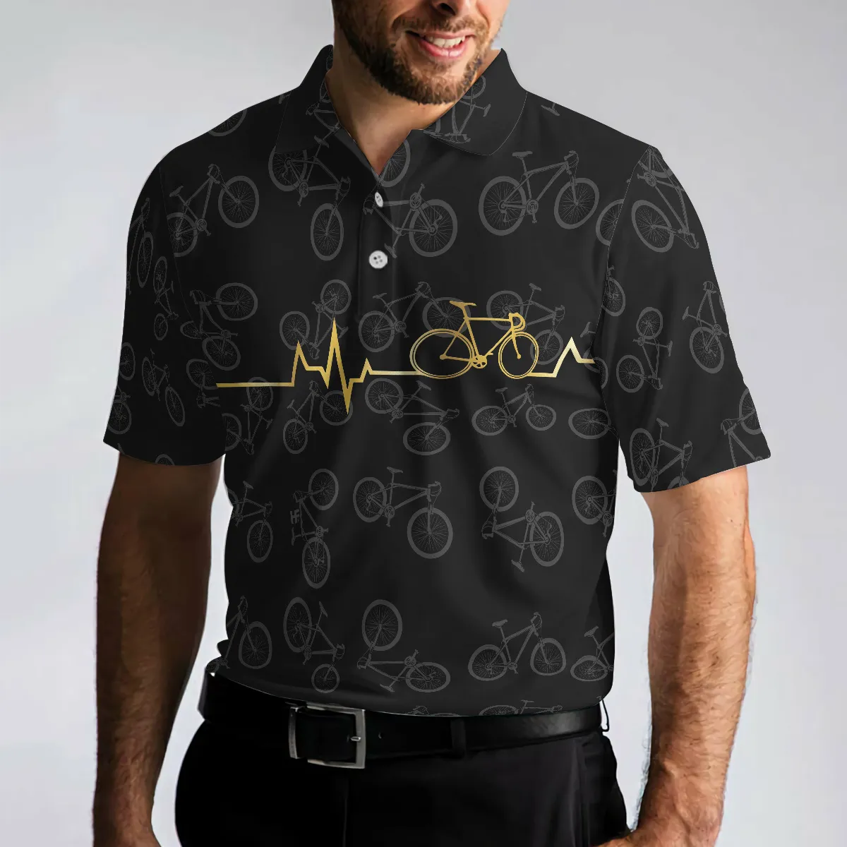 Cycling Golden Heartbeat Polo Shirt, Black Cycling Shirt For Cyclists, Thoughtful Gift Idea For Sport Lovers