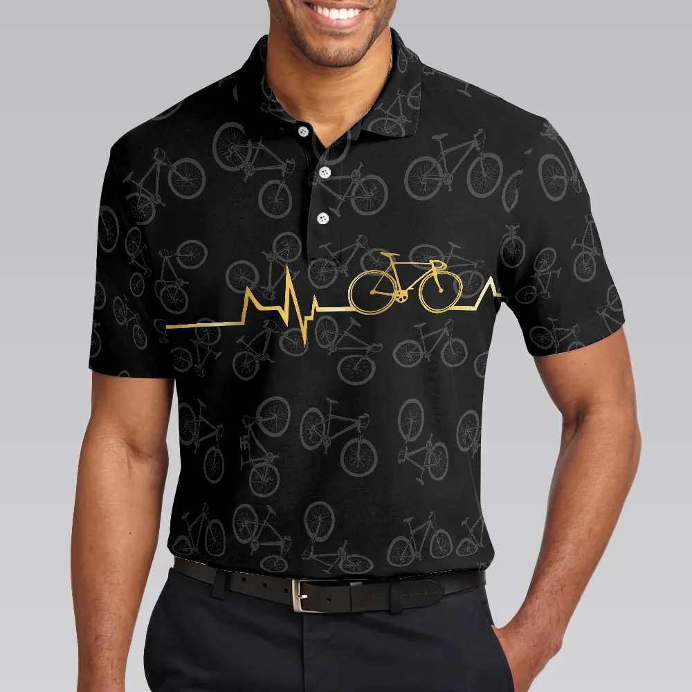 Cycling Golden Heartbeat Polo Shirt, Black Cycling Shirt For Cyclists, Thoughtful Gift Idea For Sport Lovers