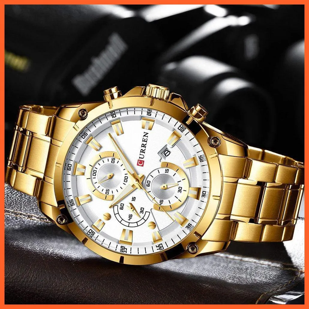 Gold Watches Men'S Luxury Quartz Chronograph Wristwatch | Fashion Sports Causal Business Stainless Steel Watches
