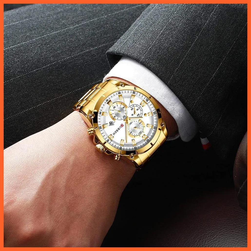 Gold Watches Men'S Luxury Quartz Chronograph Wristwatch | Fashion Sports Causal Business Stainless Steel Watches