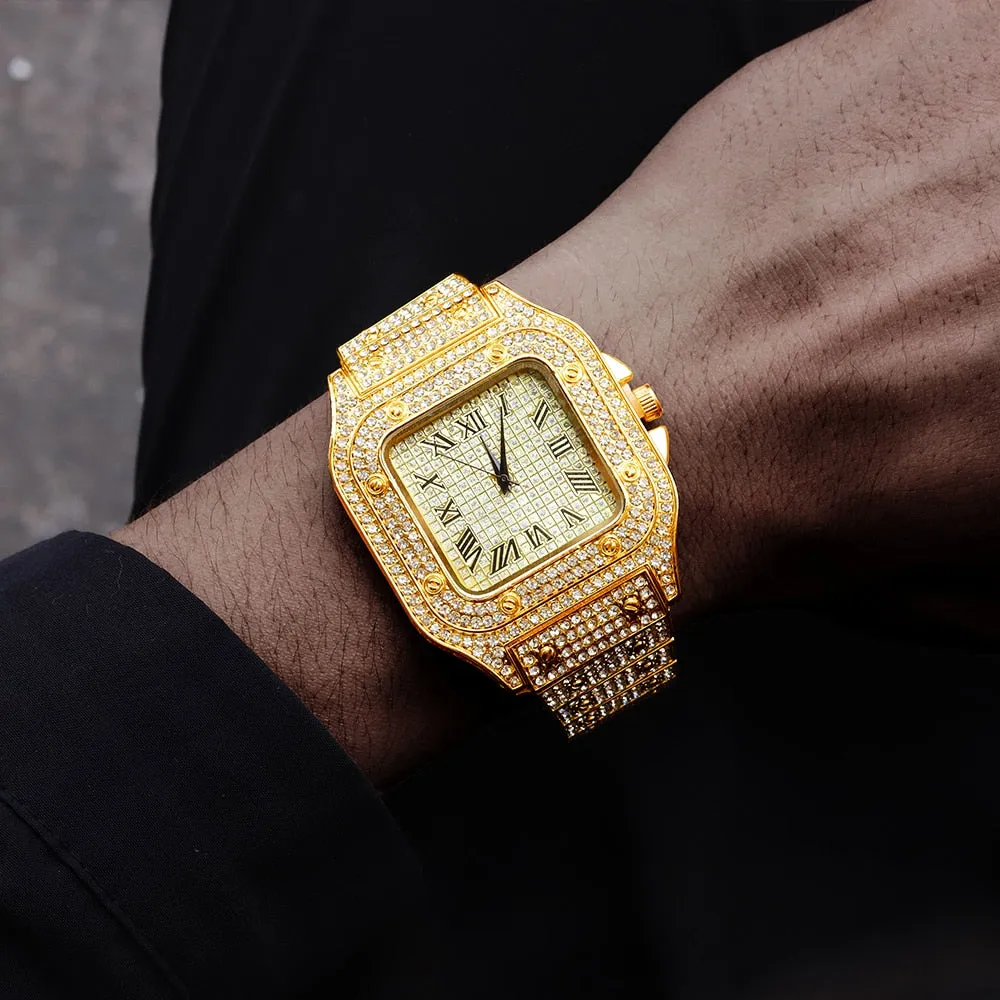 Hip Hop Luxury Mens Iced Out Watches Date Quartz Wrist Watches