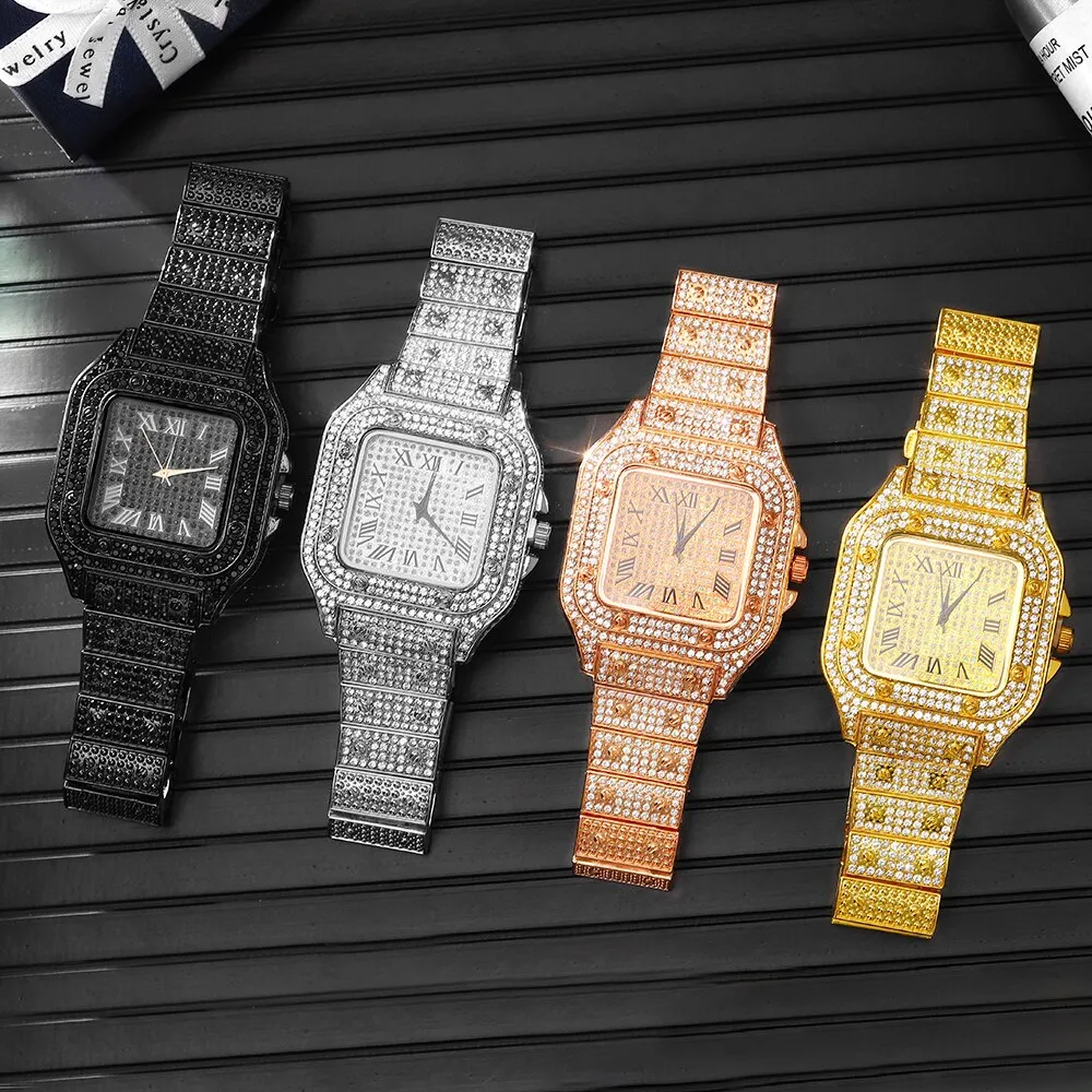 Hip Hop Luxury Mens Iced Out Watches Date Quartz Wrist Watches