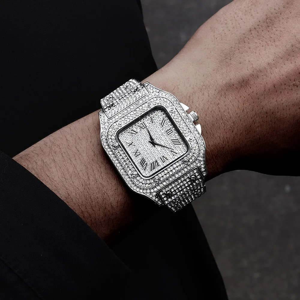 Hip Hop Luxury Mens Iced Out Watches Date Quartz Wrist Watches