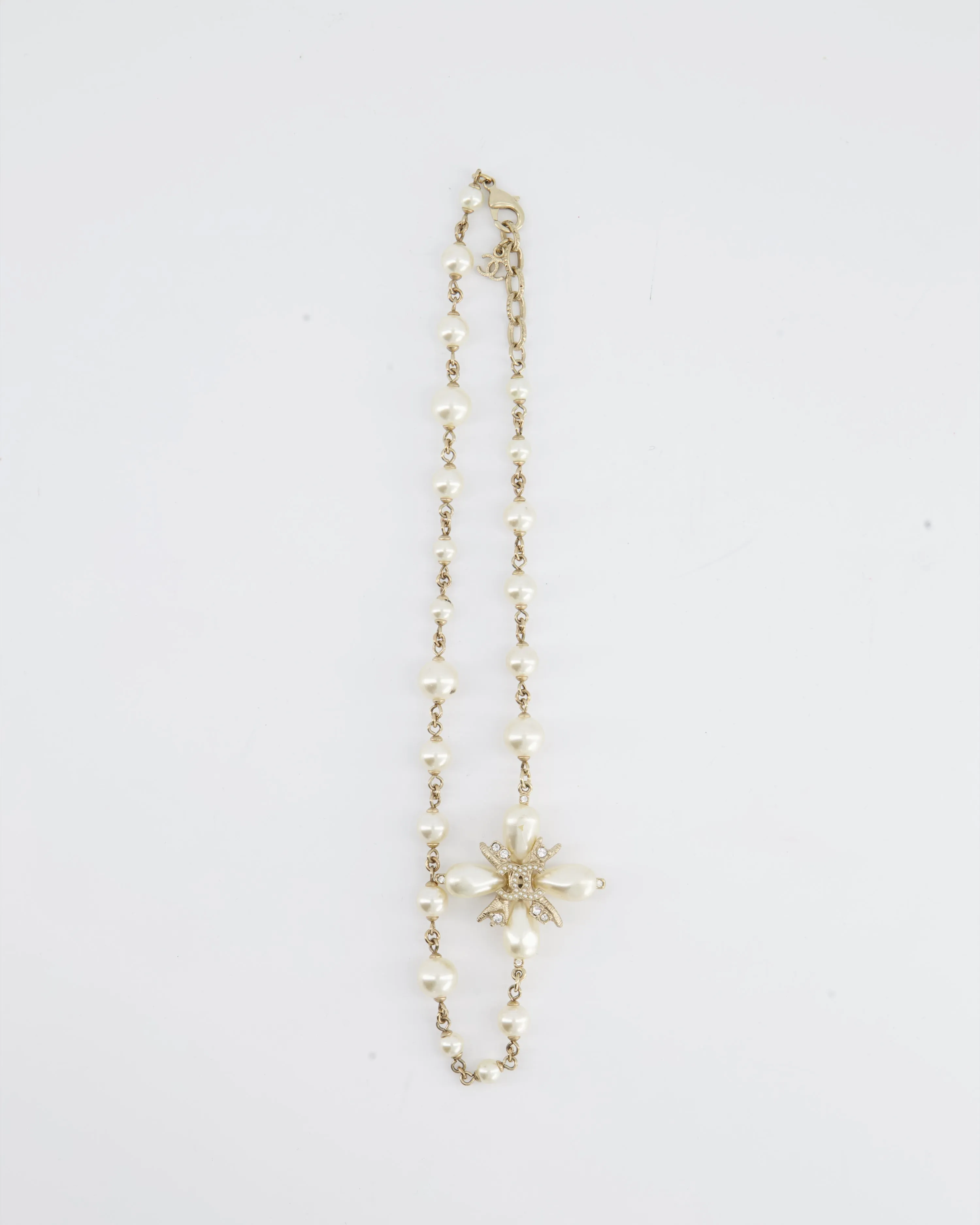 *hot*trendy Inspired  Chanel Gold Cc Necklace With White Pearl And Crystal Detailing