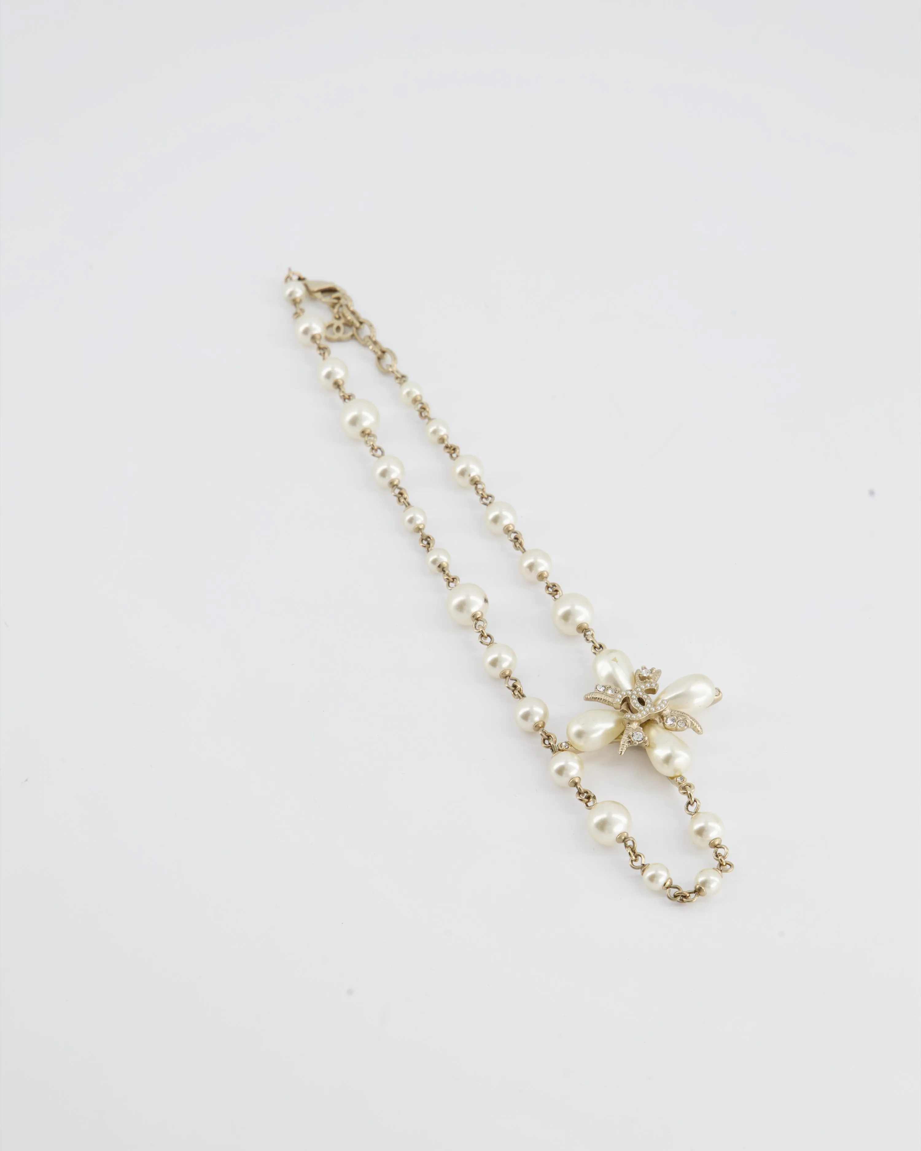 *hot*trendy Inspired  Chanel Gold Cc Necklace With White Pearl And Crystal Detailing
