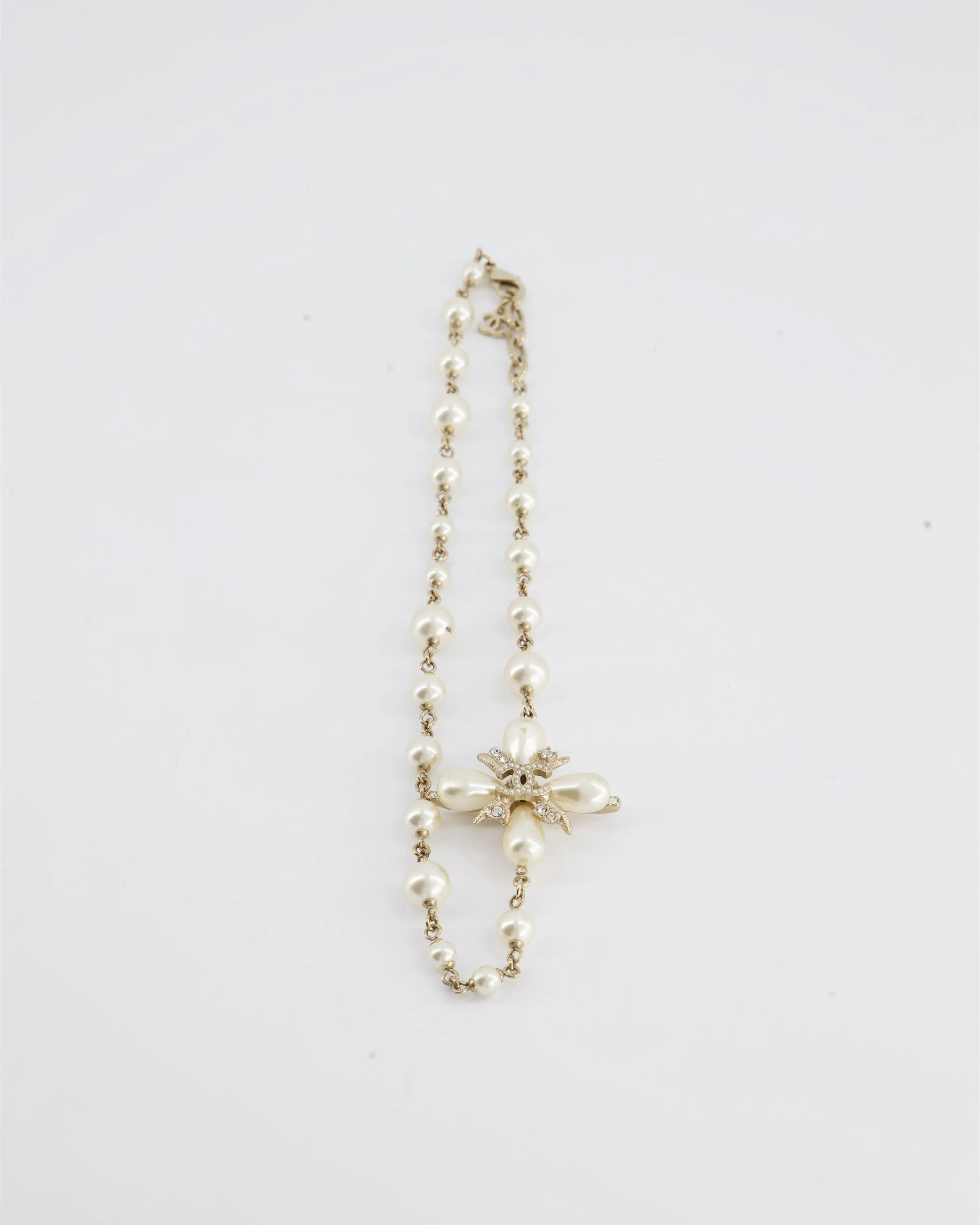 *hot*trendy Inspired  Chanel Gold Cc Necklace With White Pearl And Crystal Detailing