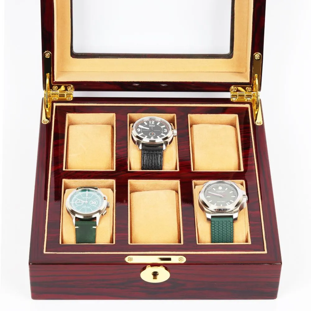 HQ Luxury Wooden Watch Box 6 Watch Slots Walnut Brown