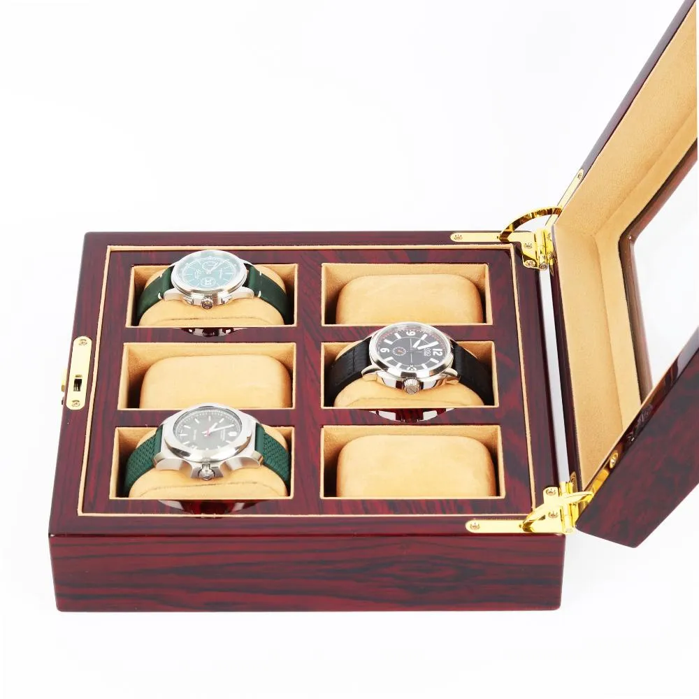 HQ Luxury Wooden Watch Box 6 Watch Slots Walnut Brown