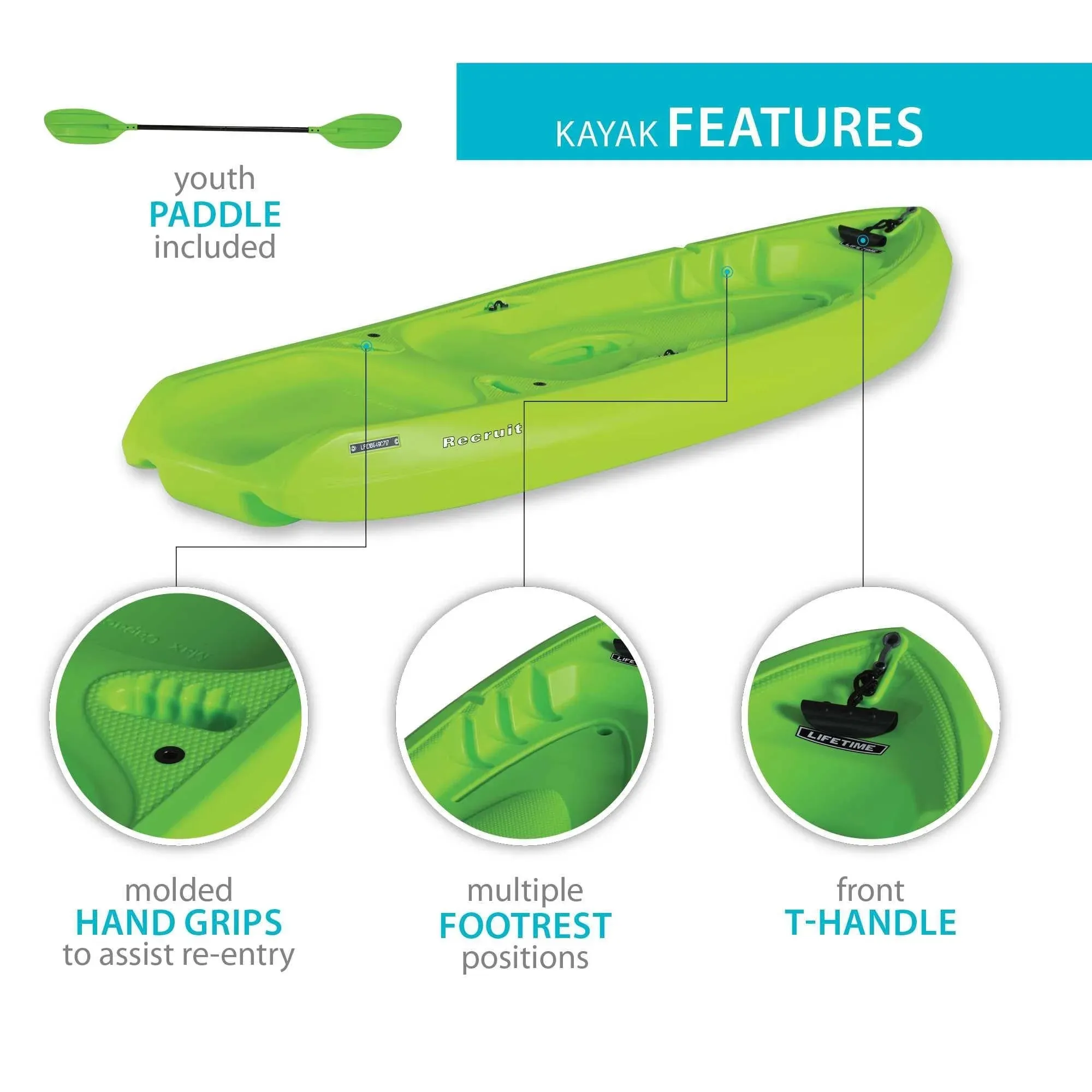 Lifetime Recruit 6.5 ft Youth Sit-on-Top Kayak, Lime Green (90765)