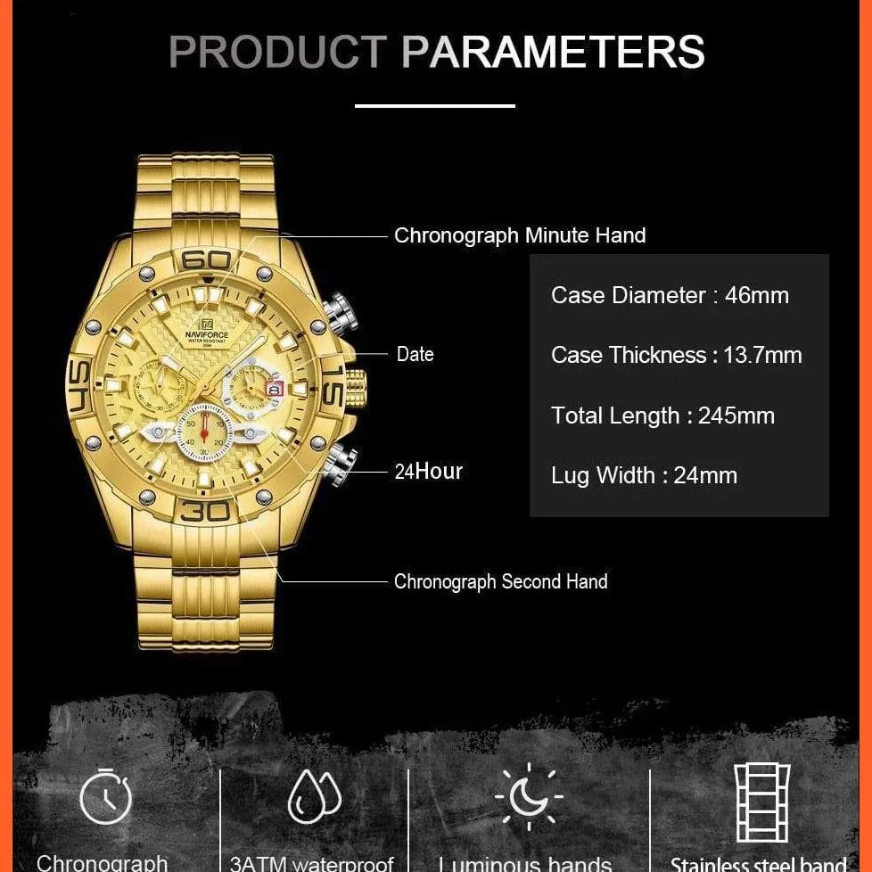 Men'S Watches Luxury Gold Business Classic Quartz | Mens Business Analog Chronograph Sport Waterproof Steel Band Wristwatches