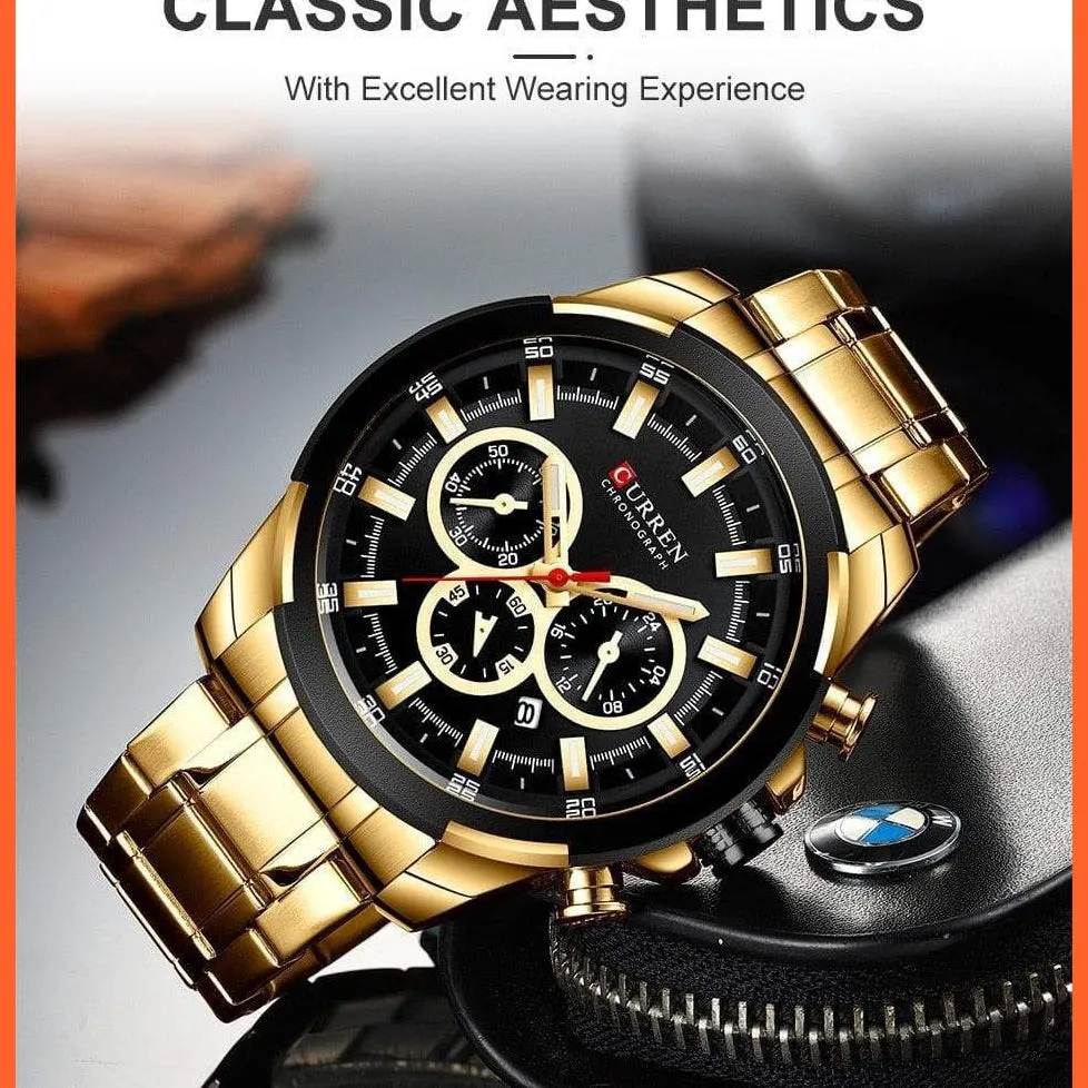 Men’S Watches Top Brand Big Luxury Sports Watch  | Men Military Steel Quartz Wrist Watches Chronograph Gold Design Watch