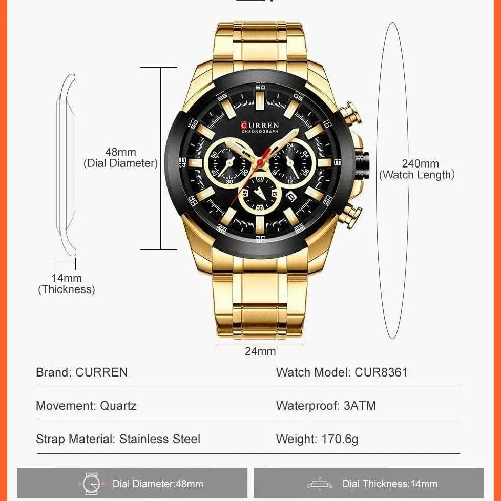 Men’S Watches Top Brand Big Luxury Sports Watch  | Men Military Steel Quartz Wrist Watches Chronograph Gold Design Watch