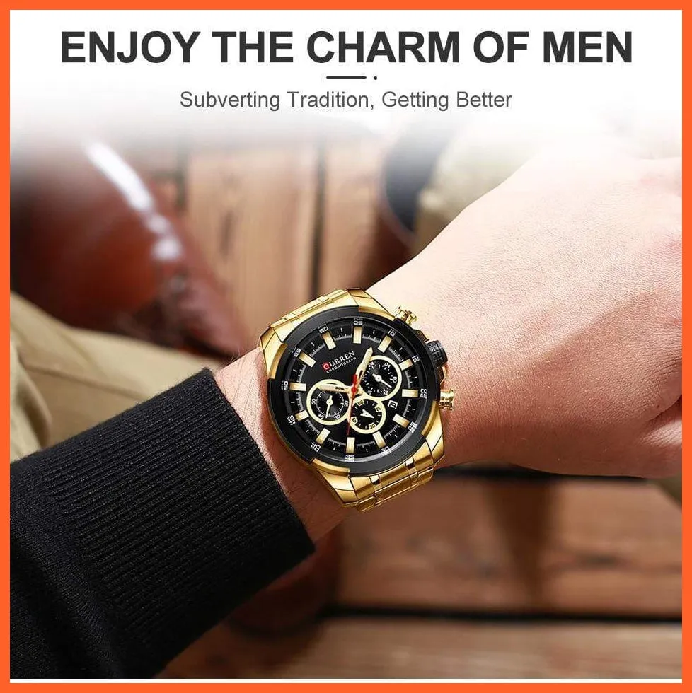 Men’S Watches Top Brand Big Luxury Sports Watch  | Men Military Steel Quartz Wrist Watches Chronograph Gold Design Watch