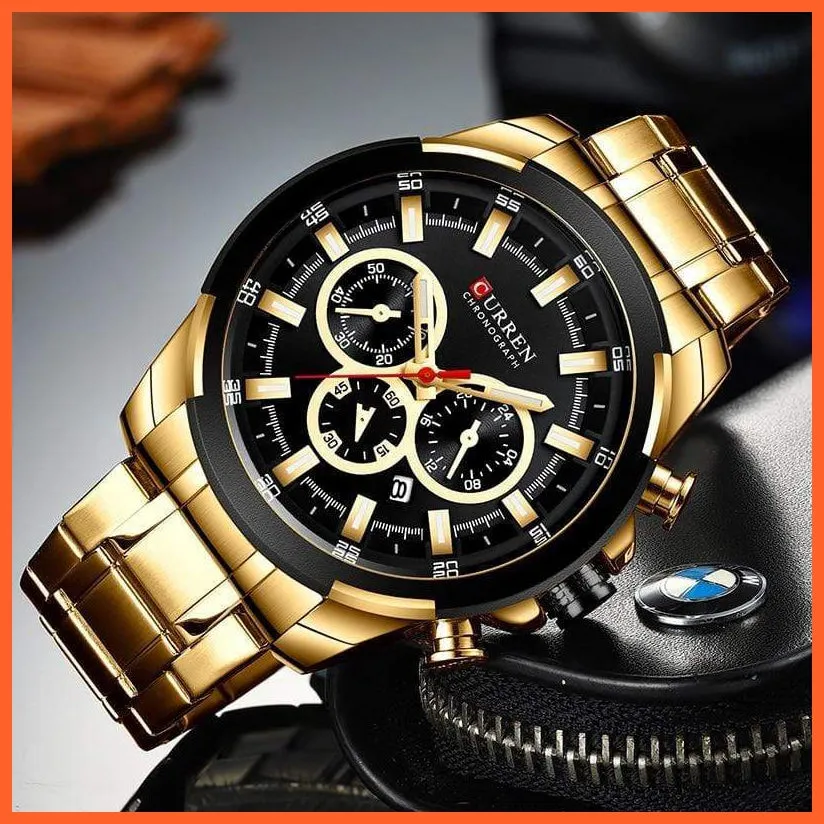Men’S Watches Top Brand Big Luxury Sports Watch  | Men Military Steel Quartz Wrist Watches Chronograph Gold Design Watch
