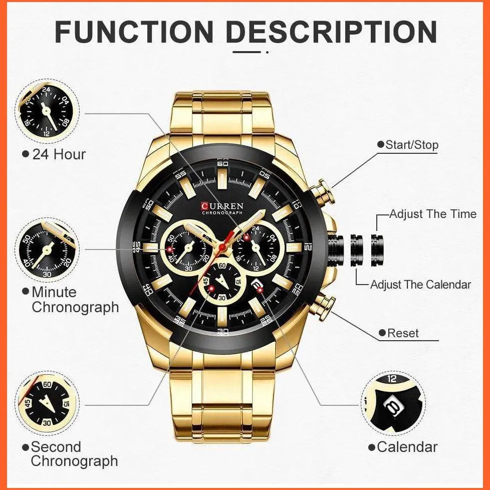 Men’S Watches Top Brand Big Luxury Sports Watch  | Men Military Steel Quartz Wrist Watches Chronograph Gold Design Watch
