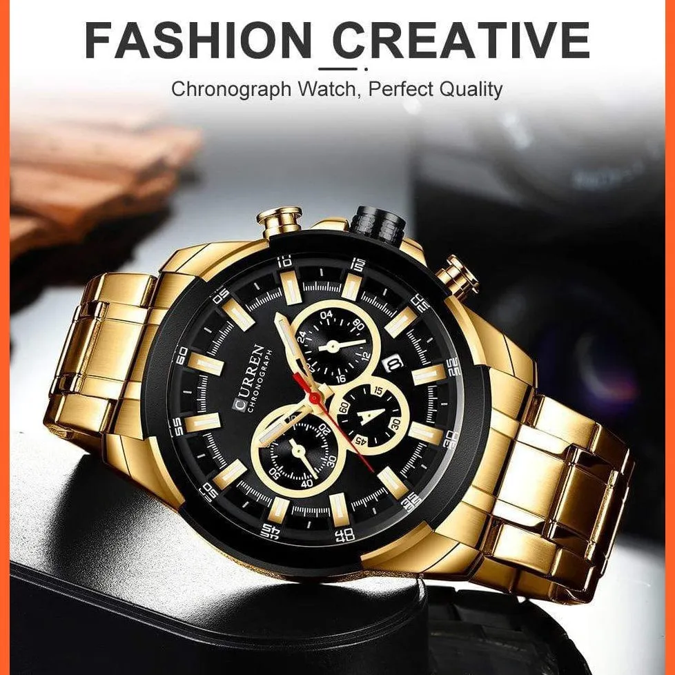 Men’S Watches Top Brand Big Luxury Sports Watch  | Men Military Steel Quartz Wrist Watches Chronograph Gold Design Watch