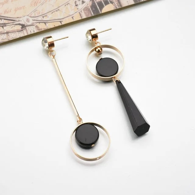 MissCyCy Fashion Asymmetry Gold Color Rhinestone Long Earrings For Women Personality Black Acrylic Pendant Drop Earrings