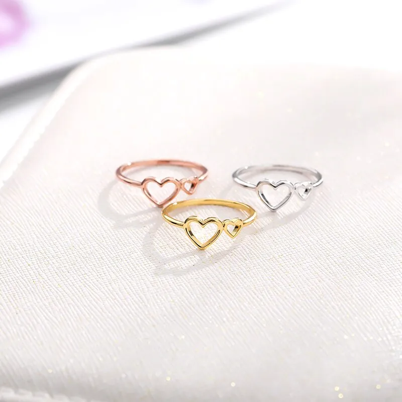 New Rose Gold Silver Double Heart Wedding