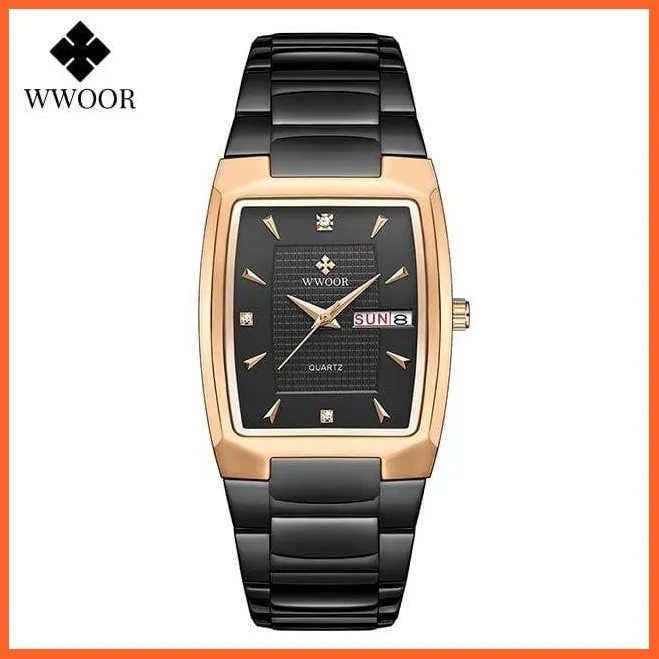 New Square Watch Men With Automatic Week Date Luxury Stainless Steel Gold Mens Quartz Wrist Watches