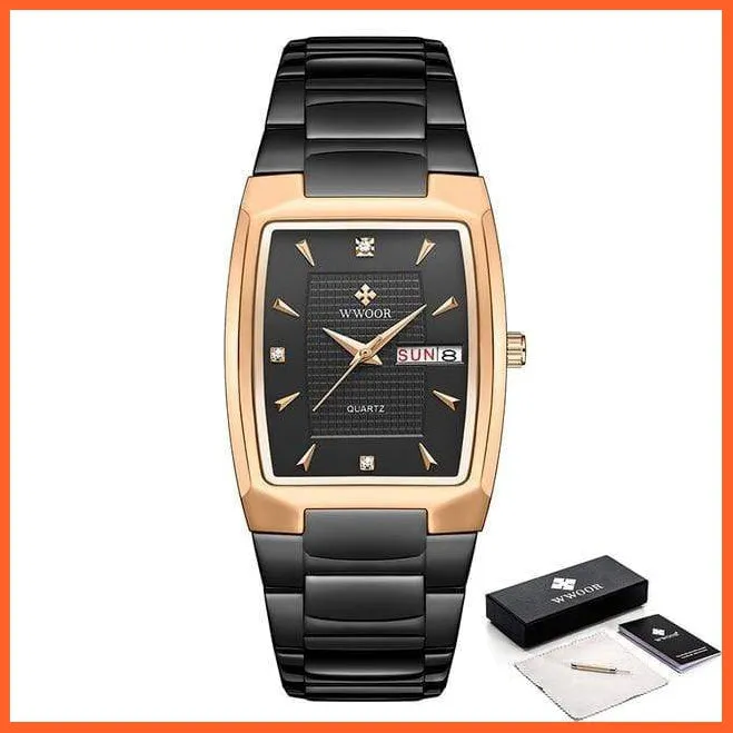 New Square Watch Men With Automatic Week Date Luxury Stainless Steel Gold Mens Quartz Wrist Watches