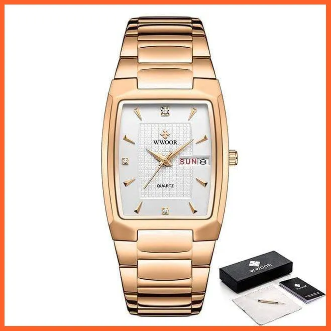 New Square Watch Men With Automatic Week Date Luxury Stainless Steel Gold Mens Quartz Wrist Watches