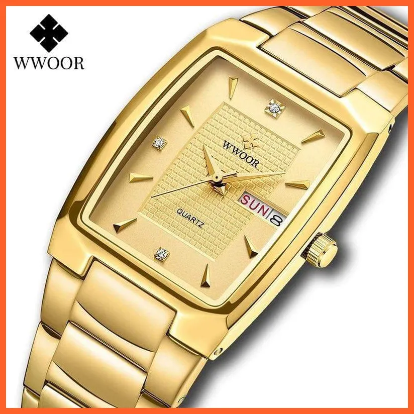 New Square Watch Men With Automatic Week Date Luxury Stainless Steel Gold Mens Quartz Wrist Watches