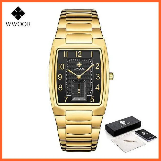 New Square Watch Men With Automatic Week Date Luxury Stainless Steel Gold Mens Quartz Wrist Watches